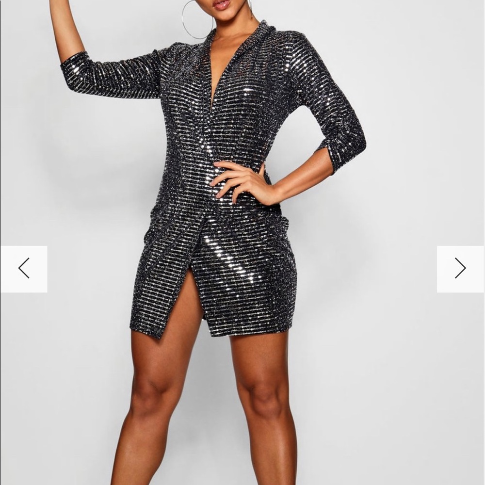 Sequin Split-Front Mini Dress in Black